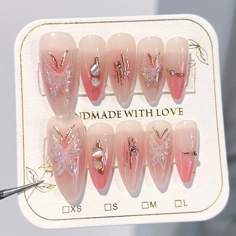 Blush Gradient Butterfly Press On Nails With Rhinestones Pearls Handmade Long Almond Fake Nails For Women Party Decoration