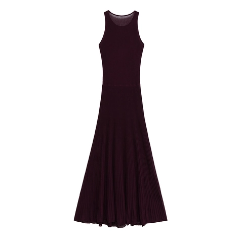 Ärmelloses Strick Maxikleid Rundhals Gerippt Einfarbig Weinrot Slim Fit Bodycon Elegant Lang Clubwear Für Damen