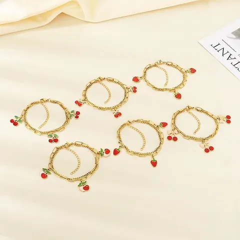 Double Layer Bracelet Stainless Steel Gold Plated Enamel Strawberry Cherry Fruit Pendant Adjustable Jewelry For Women