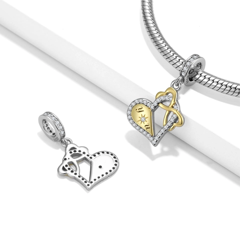 Intertwined Heart Charm Pendant 925 Sterling Silver Cubic Zirconia Bicolor Engraved For Bracelet Necklace Women Valentine