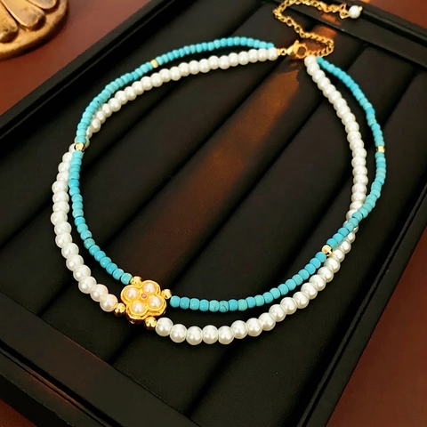 Collier Double Rangée Fausse Künstliche Perle Turquoise Synthétique Alliage Pendentif Fleur Trèfle Vintage Élégant Pour Femmes