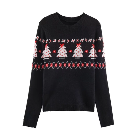 Women Christmas Knitted Outfit Long Sleeve Jacquard Sweater And Argyle Midi Skirt Elegant Winter Knitwear Holiday Apparel