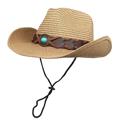 Western Cowboy Straw Hat Vintage Ethnic Style Wide Brim Sun Protection Adjustable Chin Strap Faux Turquoise Decor