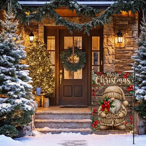 Christmas Garden Flag Double Sided Imitation Linen Polyester Outdoor Yard Decoration Winter Snowman Gnome Truck