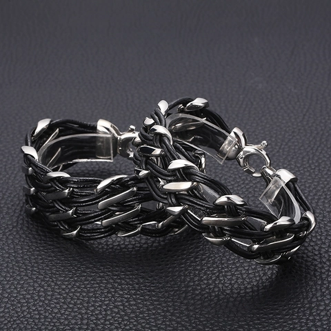 Geflochtenes Lederarmband Edelstahl Kuhleder Mehrlagig Punk Vintage Schmuck Für Männer Modeaccessoire
