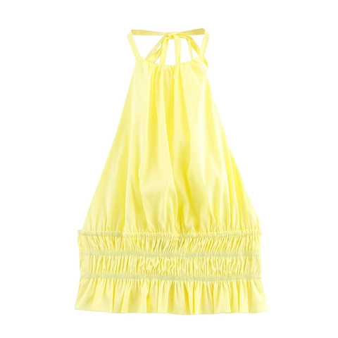 Halter Neck Top Polyester Backless Smocked Waist Ruffle Hem Summer Solid Yellow For Women