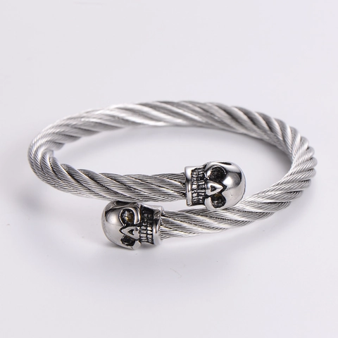 Bracciale In Cavo Di Acciaio Inossidabile Con Doppi Teschi Braccialetto Aperto Torcito Gioielli Punk Gothic Per Uomo