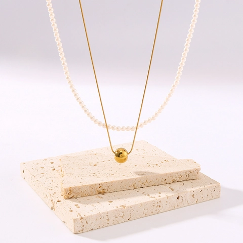 Double Layer Necklace 18K Gold Plated Stainless Steel With Ball Pendant And Artificial Pearls Minimalist Jewelry For Women