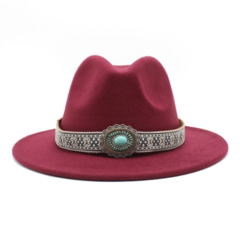 Vintage Fedora Hat Wide Brim Ethnic Woven Band Turquoise Decor Wool Felt Textured Jazz Cap For Women