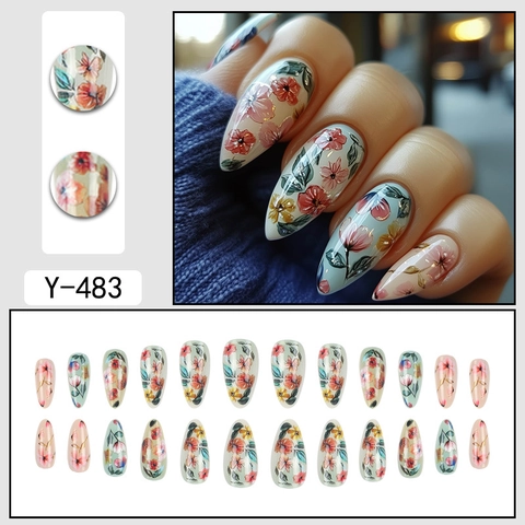 Almond Press On Nails Hand Painted Watercolor Floral Pattern Gold Outline Elegant False Nail Tips For Women Manicure