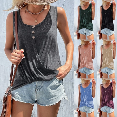 Débardeur Décontracté sans Manches pour Femmes en Coton Mélangé Été Col Rond Bouton Ourlet Noué Couleur Unie Haut Streetwear