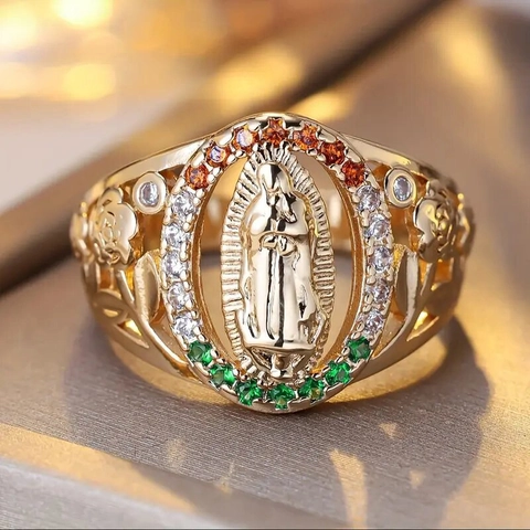 Bague De La Vierge Marie Notre Dame De Guadalupe En Cuivre Avec Zircone Colorée Fleur Creuse Bijoux Religieux Vintage Pour Femmes
