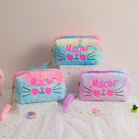 Astuccio In Peluche Simpatico Gatto Meow Ricamo Paillettes Sfumatura Arcobaleno Grande Capacità Borsa Cosmetica Studenti Ragazze