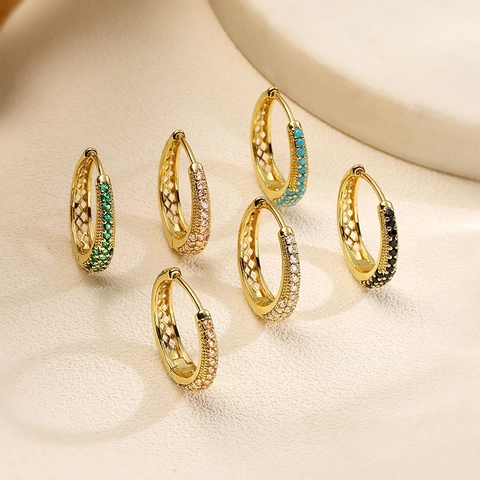 Oval Huggie Hoop Ohrringe Kupfer Bunte Zirkonia Luxus Hohl U-Förmig Geometrischer Schmuck Für Damen