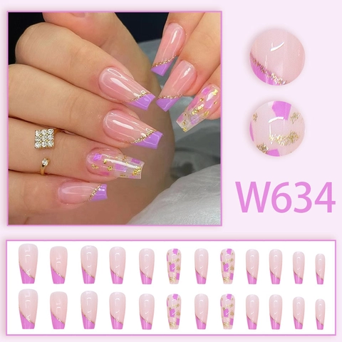 Unghie Finte Press On Coffin Lunghe Con Punte French Viola Foglia D'oro E Glitter Unghie Lucide Eleganti Per Donna