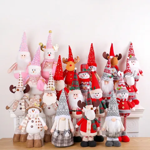 Christmas Telescopic Dolls Plush Figurines With Adjustable Long Legs For Home Tabletop Decor Standing Reindeer Santa