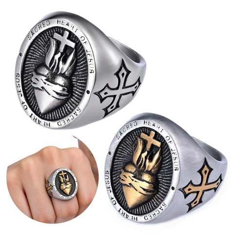 Sacred Heart Of Jesus Ring Edelstahl Vintage Religiöses Kreuz Siegelring Schmuck Für Männer Retro Stil