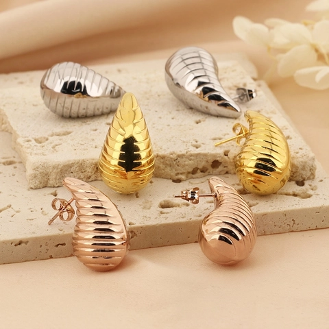 Chunky Teardrop Earrings Stainless Steel Hollow Ribbed Water Drop Threaded Texture Polished Fashion Jewelry For Women