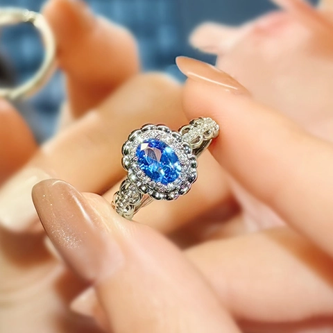 Vintage Blue Synthetic Sapphire Copper Ring Oval Zirconia Inlaid Adjustable Opening Light Luxury Finger Ring For Women Jewelry