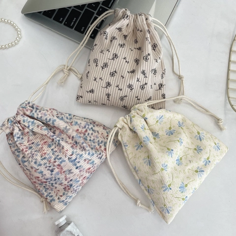 Borsa Coulisse Velluto Coste Floreale Viaggio Portatile Pochette Cosmetici Organizzatore Polvere Trucco Pois