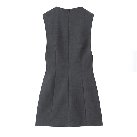 Vestido Mini Sin Mangas Con Cuello En V Profundo Poliéster Color Sólido Ajuste Delgado Elegante Bodycon De Fiesta Gris Oscuro
