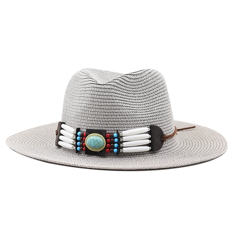 Boheemse Fedora Strohoed Papier Geweven Ademend Zonbescherming Strand Reizen Met Turkoois Kralenband Dames Heren