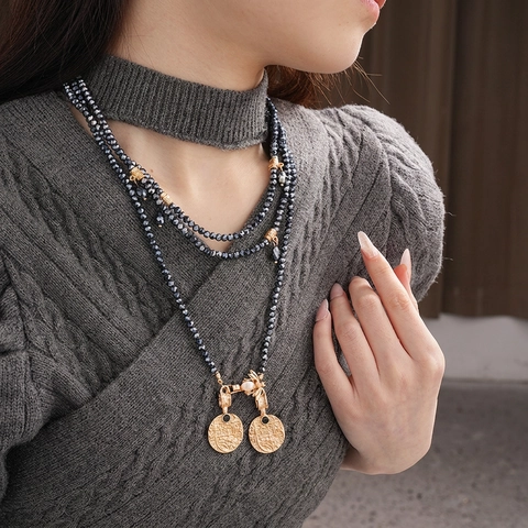 Vintage Multi Layer Lange Ketting Legering Munt Hangers Bij Bedel Imitatie Kunstparel Gefacetteerde Glazen Kralen Dames