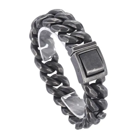 Vintage 316L Stainless Steel Cuban Chain Bracelet Heavy Distressed Hammered Texture Punk Street Men Square Clasp