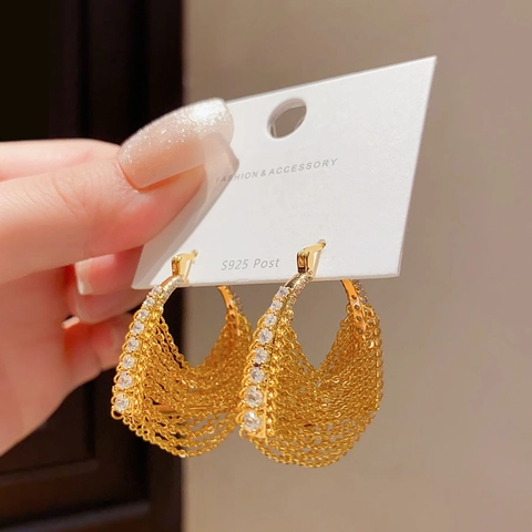 18K Gold Plated Hoop Earrings Zircon Multi Layer Chain Tassel Geometric Brass Jewelry With 925 Sterling Silver Earring Post