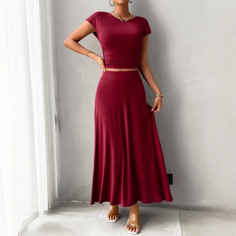 Women Elegant Ribbed Knit Short Sleeve Crop Top And High Waist Maxi Skirt Slim Fit Summer Casual Outfits Solid Color