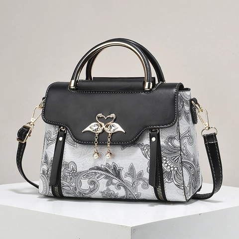 Vintage Paisley Print Handbag PU Leather Top Handle Crossbody Bag With Swan Buckle Artificial Pearl Tassel Contrast Stitching