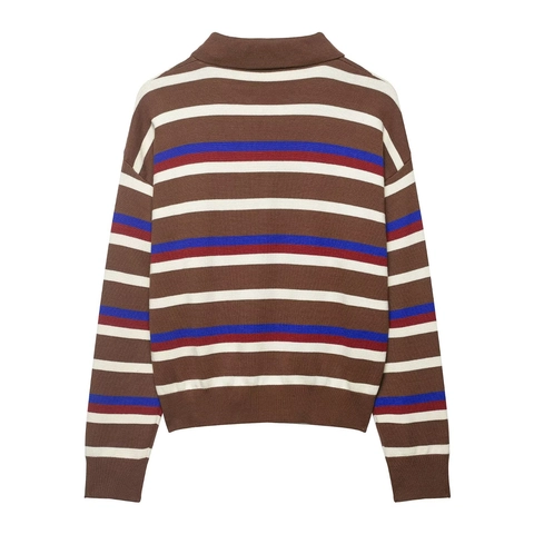 Maglione Polo In Maglia A Righe Poliestere A Maniche Lunghe Retro Casual Moda Top Per Donne Maglieria Elegante