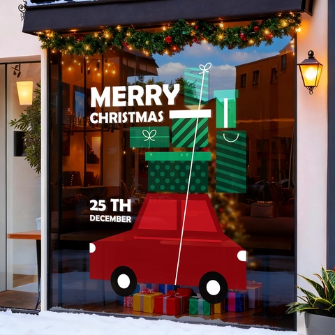 Christmas Window Stickers Static Cling PVC Red Car Gift Boxes Reusable Holiday Shop Glass Decor