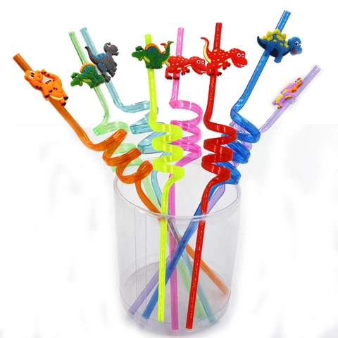 Cannucce Per Bere Dinosauro Cartone Animato Riutilizzabili Plastica PET Spirale Cannucce Decorative Per Compleanno Bambini