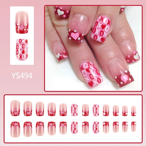 Valentinstag Rot Rosa Herz Künstliche Fingernägel Kurz Quadratisch Glänzend Glitzer Falsche Nägel Mit XOXO Muster Für Damen Maniküre