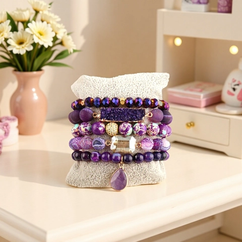Bohemian Multi Layer Stackable Bracelet Set For Women Natural Stone Alloy Rhinestone Glass Bead Druzy Pendant Ethnic Jewelry