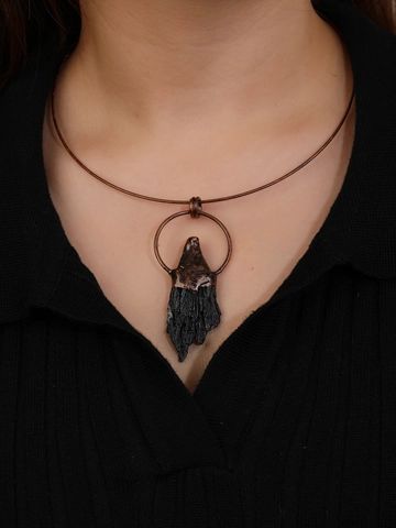 Natural Black Tourmaline Pendant Choker Necklace Irregular Raw Stone Copper Wire Wrapped Handcrafted Punk Retro Jewelry