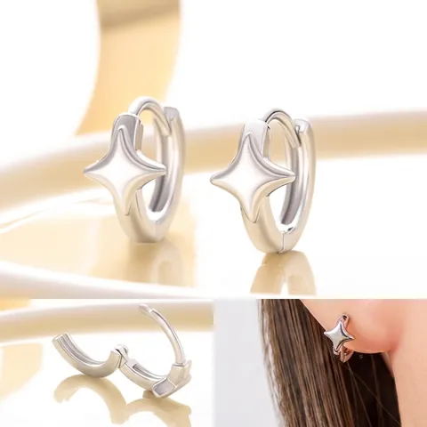 Glanzende Vierpuntige Ster Huggie Oorbellen Minimalistische Koperen Geometrische Oorgespjes Voor Dames Meisjes Sieraden Cadeau