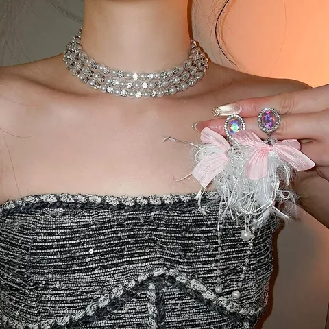 Gargantilla Perlas Artificiales Diamantes Imitación Varias Capas Y Pendientes Borla Pluma Lazo Con Poste Plata Joyería Dulce