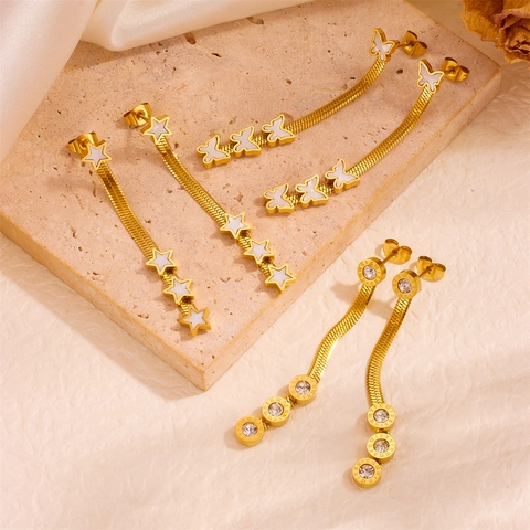 Edelstahl Drop Ohrringe Lange Quaste Schlangenkette Schmetterling Stern Römische Ziffern Zirkon 18K Vergoldet Schmuck