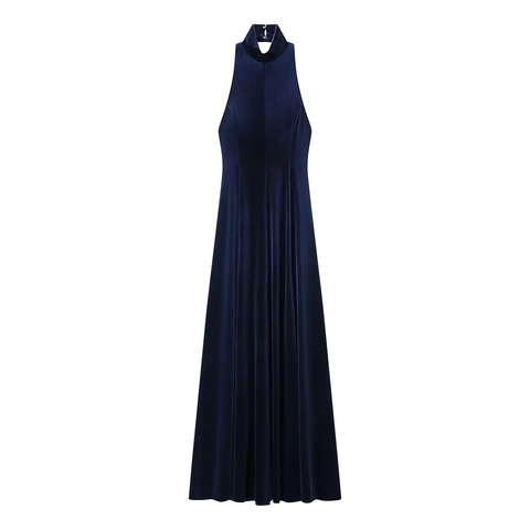 Abito Lungo In Velluto Allacciato Al Collo Schiena Scoperta Senza Maniche Elegante Tinta Unita Abito Da Sera Per Donna
