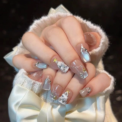 Weihnachten Handgemacht Nägel Zum Aufdrücken Porzellanweiß Katzenauge Mit Perlen Schneeflocken Sterne Elegant Maniküre Damen