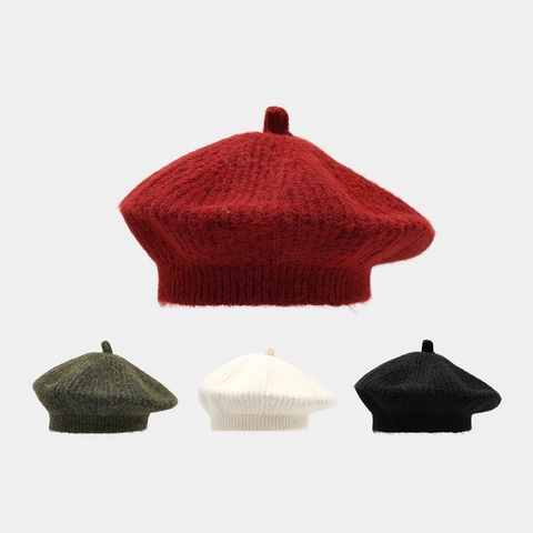 Women Soft Knitted Beret Hat Warm Winter Autumn Solid Color Plush French Vintage Casual Elegant Accessory