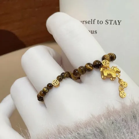 Tijgeroog Steen Kralen Ring Gouden Koperen Paard Munt Hanger Vintage Chinese Stijl Elastische Vinger Sieraden Dames