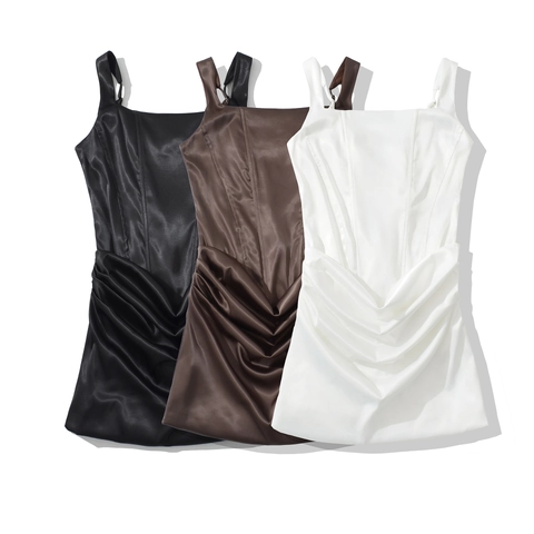 Women Satin Mini Dress Square Neck Ruched Fishbone Waist Elegant Slim Fit Sleeveless Backless Adjustable Straps