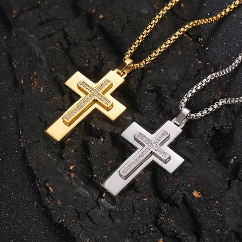 Collana Con Pendente A Croce Acciaio Inossidabile Con Strass Doppio Strato Hip Hop Gioielli Da Uomo Accessorio