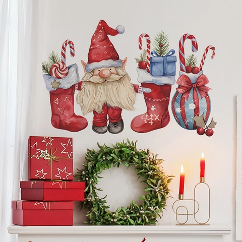 Christmas Wall Stickers Gnome Santa Stockings Candy Cane Removable PVC Decals For Bedroom Window Glass Decor