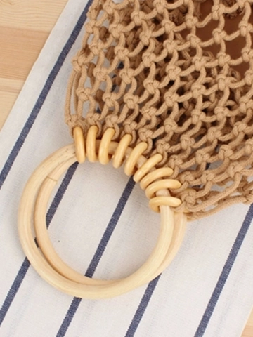 Handgewebte Eimer Tasche Mit Holzring Griff Baumwollseil Hohles Netz Sommer Strand Urlaub Handtasche Für Damen