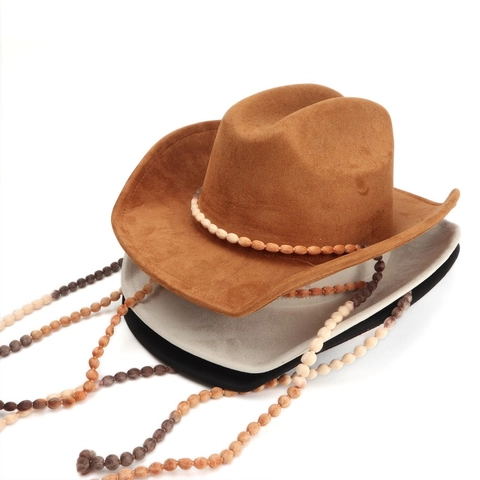 Chapeau De Cowboy Western Daim Avec Sangle Perlée Ethnique Rétro Bord Large Protection Solaire Hommes Femmes Outdoor Jazz