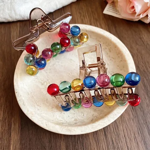 Colorful Beads Hair Claw Clip Acrylic Shark Clip Transparent Brown Elegant Fashionable Hair Accessories For Women Girls